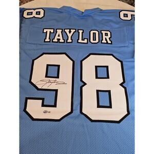 Lawrence Taylor Autographed/Signed Jersey Beckett Sticker Blue Custom Jersey